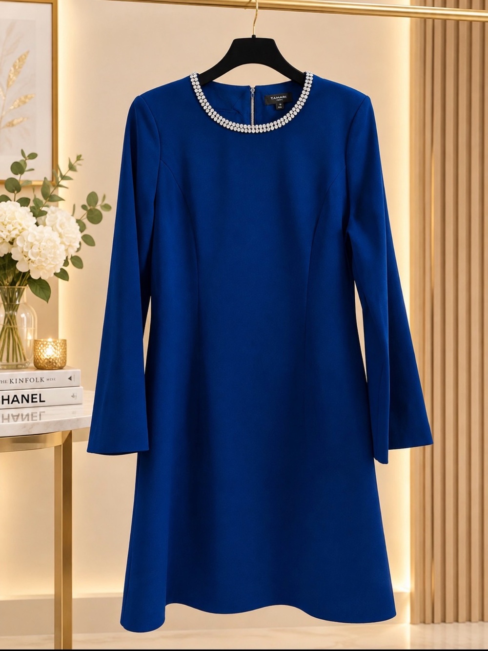 Tahari ASL Cobalt Blue Pearl-Trim Long-Sleeve Mini Dress
